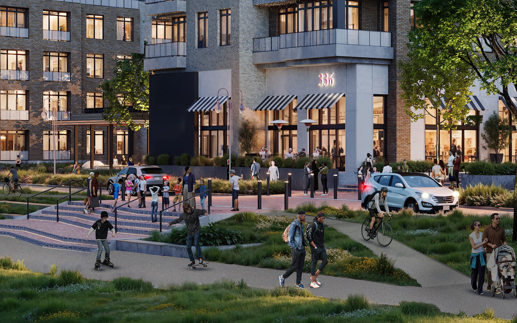 A rendering of a group of people in front of a row of businesses
