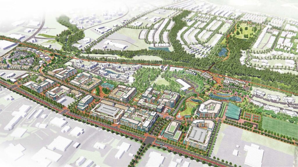 A bird's eye view illustration of the future Bolden Street District which shows the building footprints, streets and green space.
