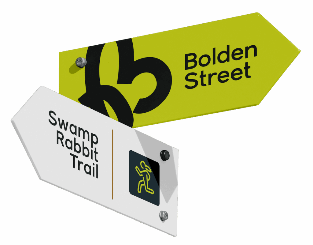 A sign in featuring Bolden Street and the Swamp Rabbit Trail