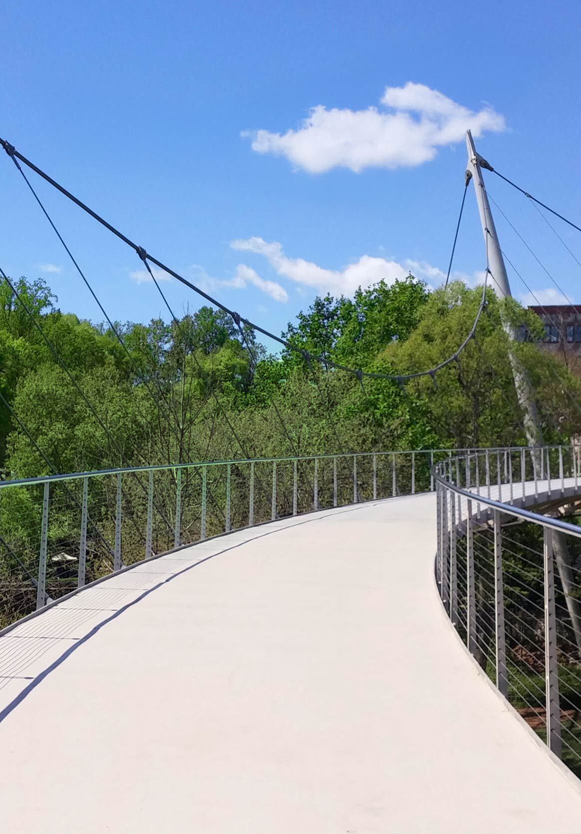 The suspension bridge above Reedy Falls Park in Greenville, South Carolina