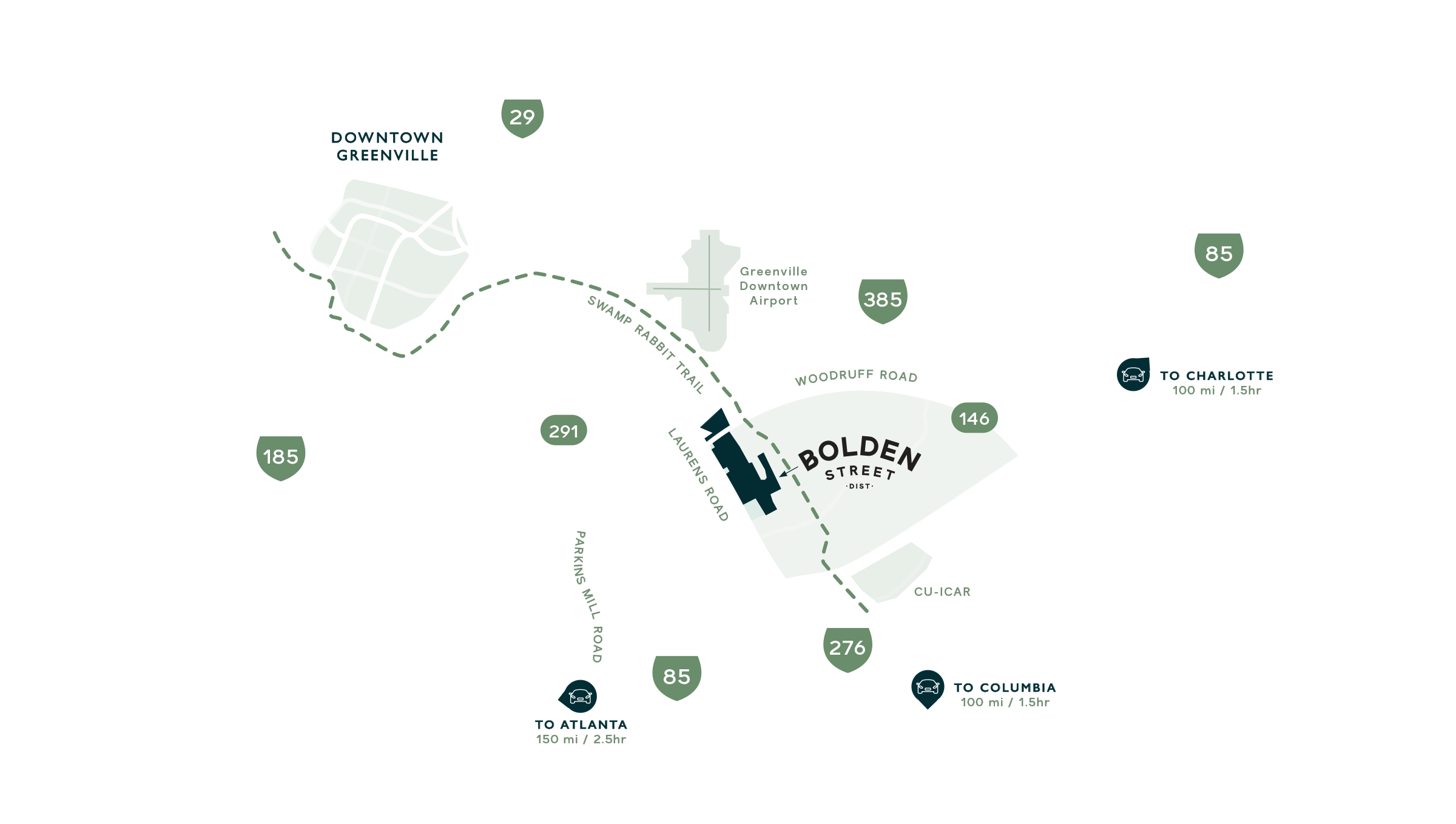 Regional map of Greenville, showing Bolden Street District's location in relation to downtown Greenville, I85, and the Laurens Road corridor
